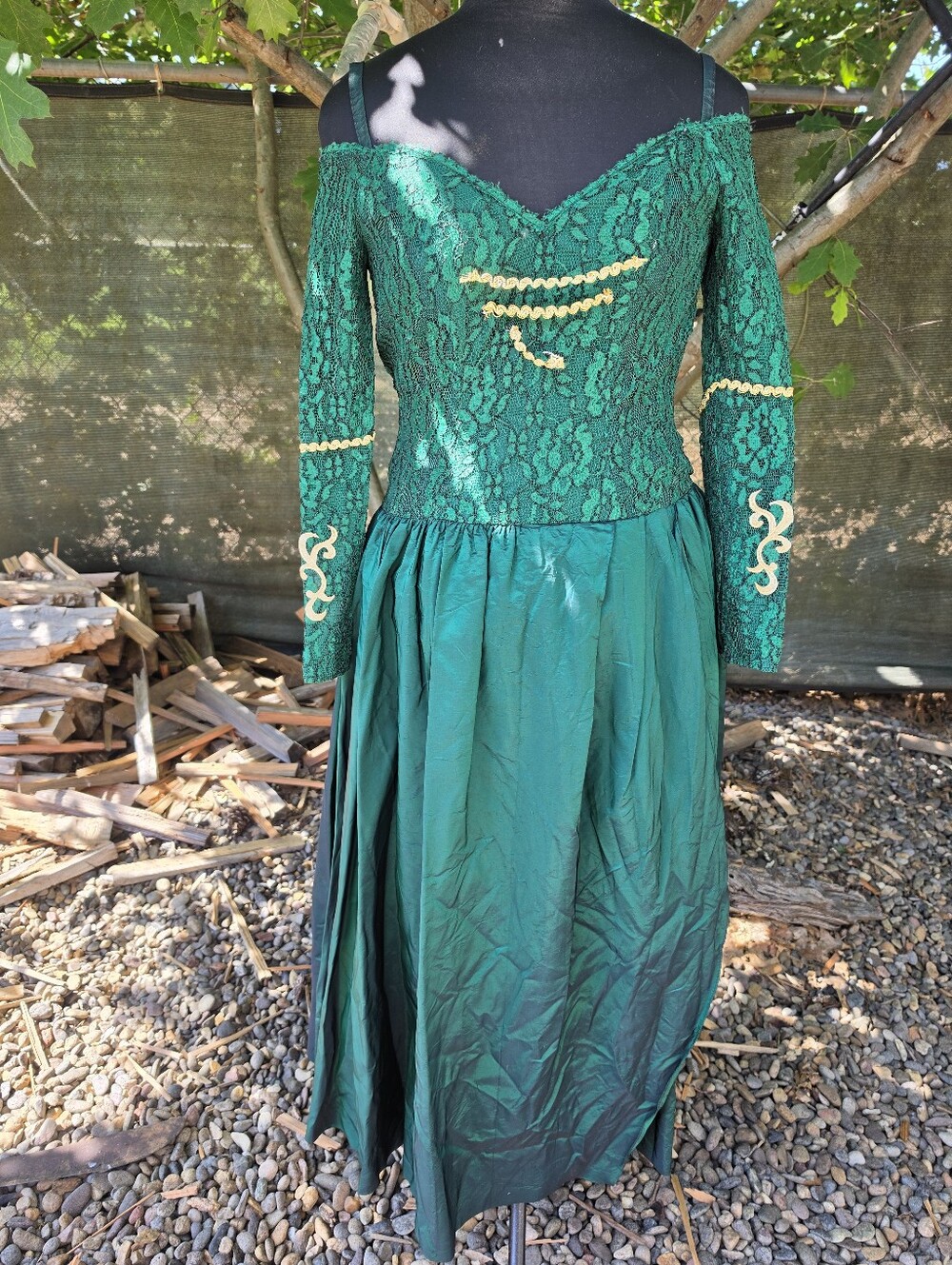Vtg 80's Emerald Green Lace Gold Trim Maxi Dress Whimsigoth Dark Fairycore Goth